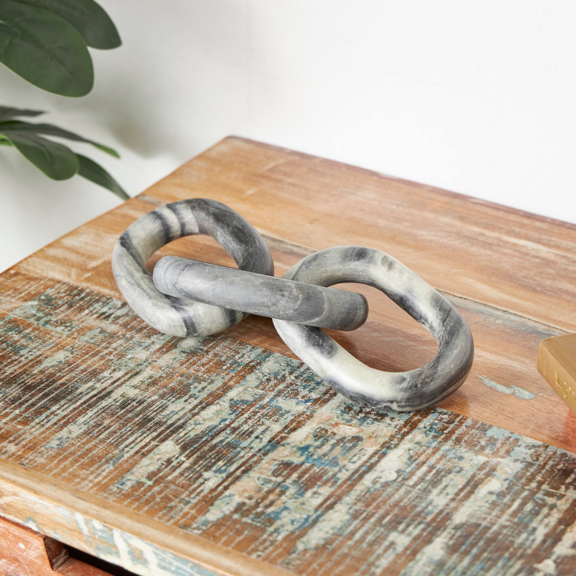 13" Gray Marble Geometric 3-Link Chain Sculpture Décor